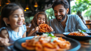 Family enjoying pasta dishes